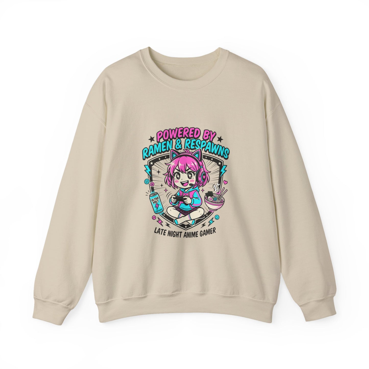Powered by Ramen & Respawns Sweatshirt | anime aesthetic, chibi kawaii