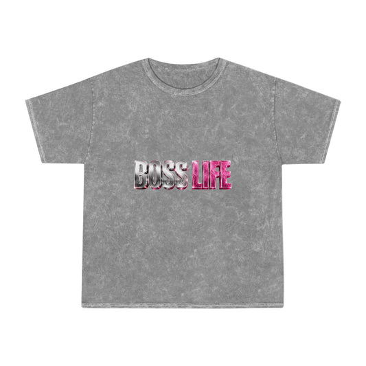Boss Life Mineral-Wash Tee — Retro Pink & Chrome Graphic