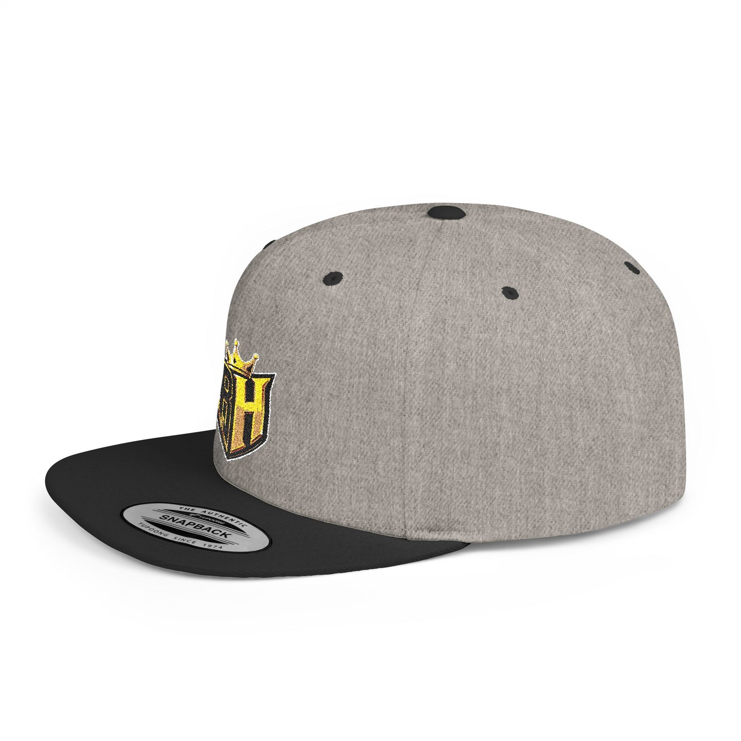 Snapback Hat — Gold Crown Shield Logo Flat Bill Cap