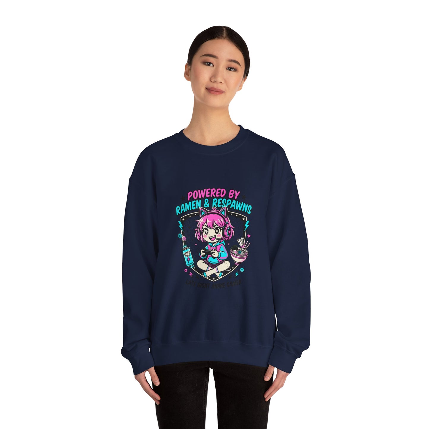 Powered by Ramen & Respawns Sweatshirt | anime aesthetic, chibi kawaii