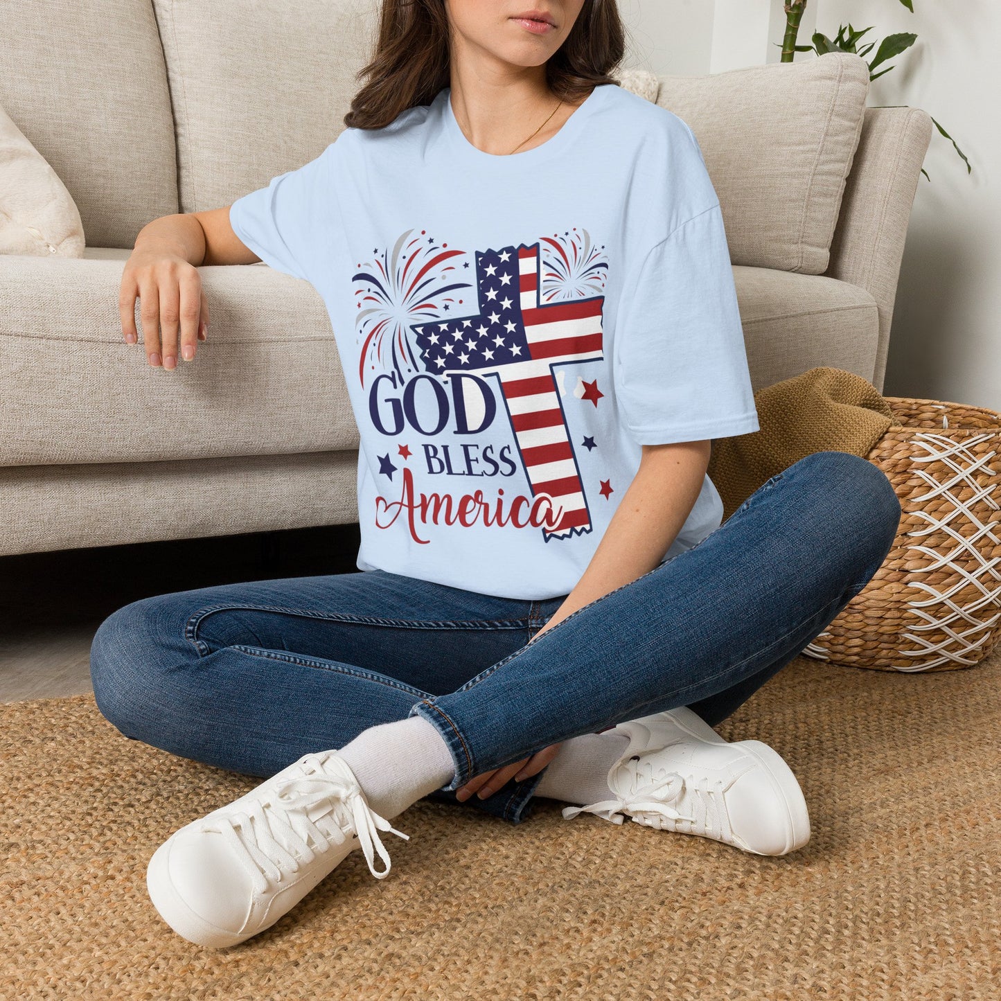 God Bless America T-Shirt — Patriotic Flag Cross with Fireworks