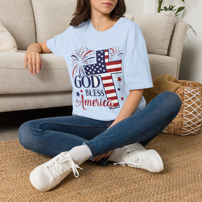 God Bless America T-Shirt — Patriotic Flag Cross with Fireworks