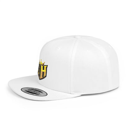 Snapback Hat — Gold Crown Shield Logo Flat Bill Cap