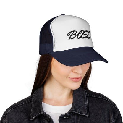 BOSS Trucker Cap — Bold Script Mesh Back Hat for Leaders & Street Style