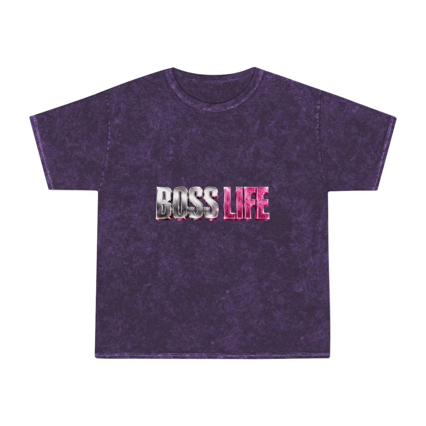 Boss Life Mineral-Wash Tee — Retro Pink & Chrome Graphic