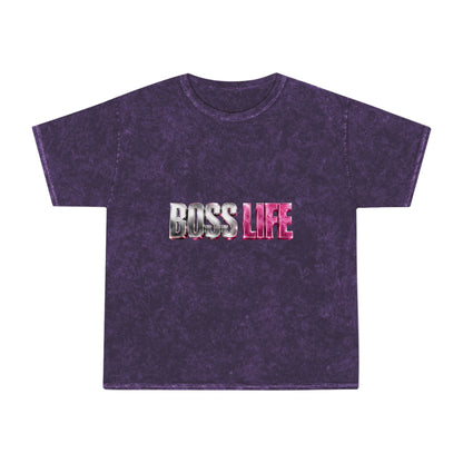 Boss Life Mineral-Wash Tee — Retro Pink & Chrome Graphic
