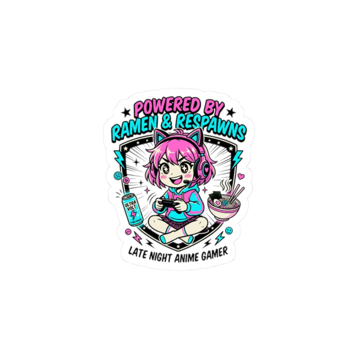 Powered by Ramen & Respawns Sticker | Anime Aesthetic, Chibi Gamer