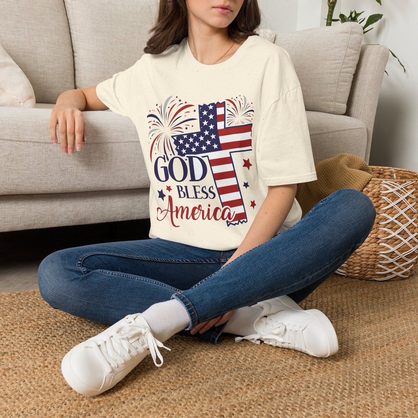 God Bless America T-Shirt — Patriotic Flag Cross with Fireworks