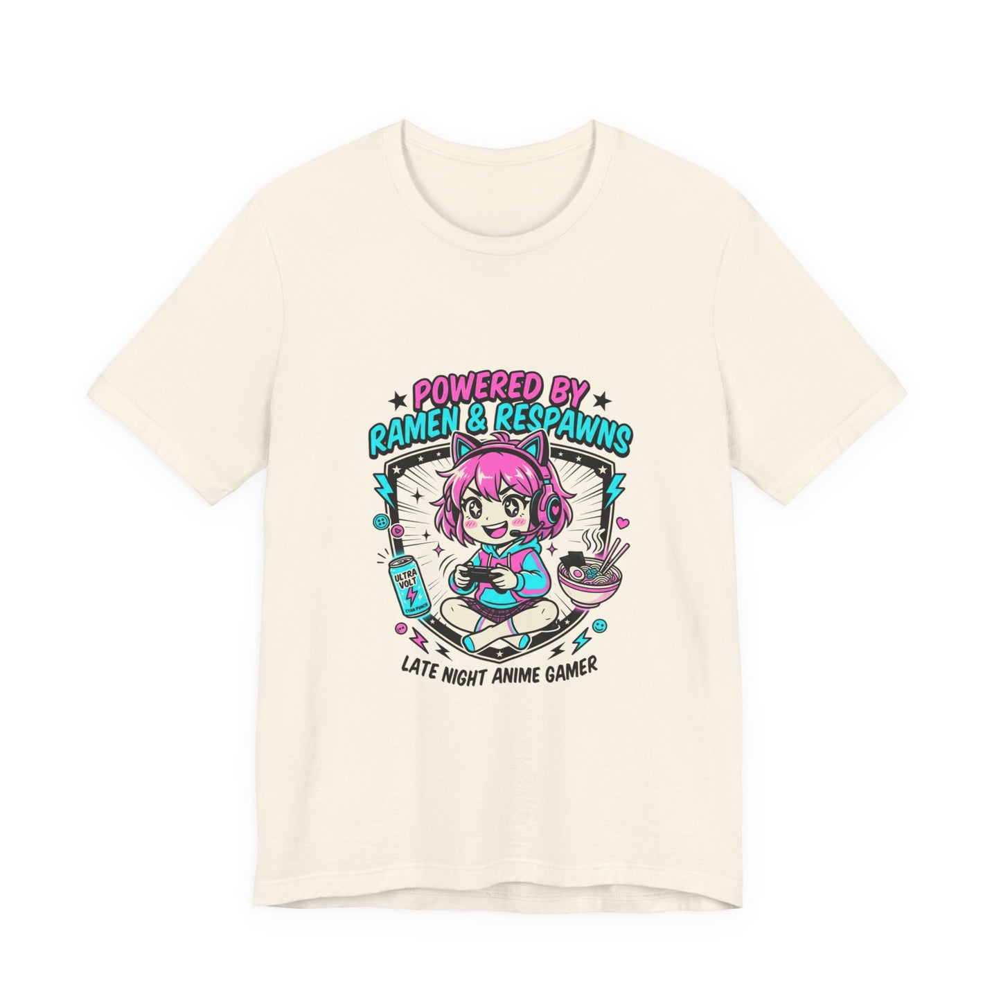 Late Night Anime Gamer Tee | chibi kawaii, manga panel, neon pastel aesthetic