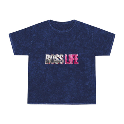 Boss Life Mineral-Wash Tee — Retro Pink & Chrome Graphic
