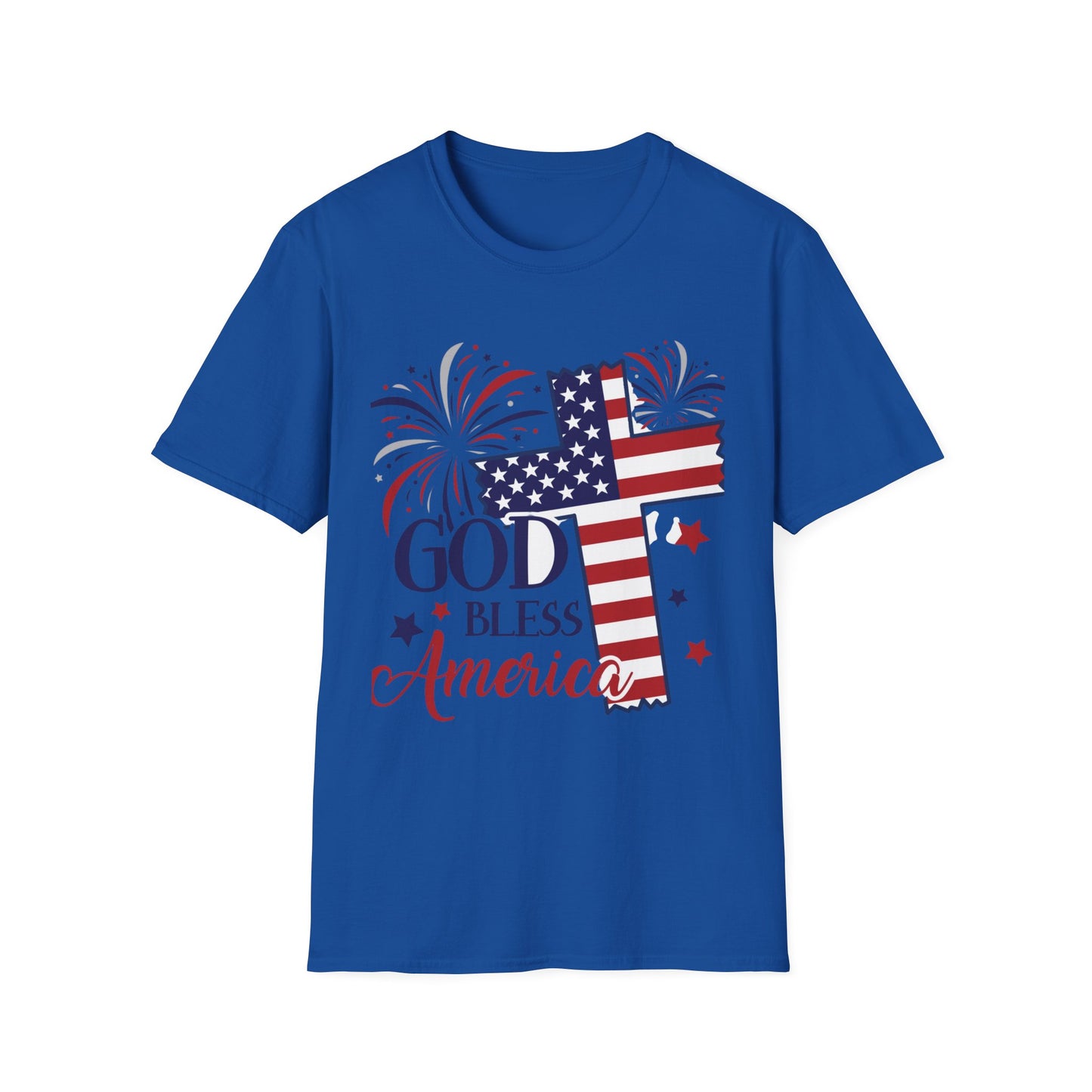 God Bless America T-Shirt — Patriotic Flag Cross with Fireworks