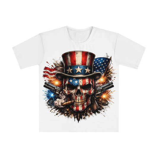 Men's T-Shirt - American Skull with Uncle Sam Hat & Flag Graphic