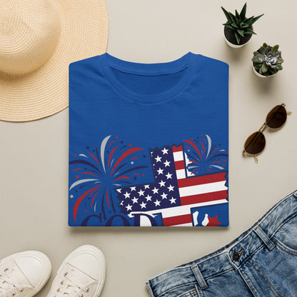 God Bless America T-Shirt — Patriotic Flag Cross with Fireworks