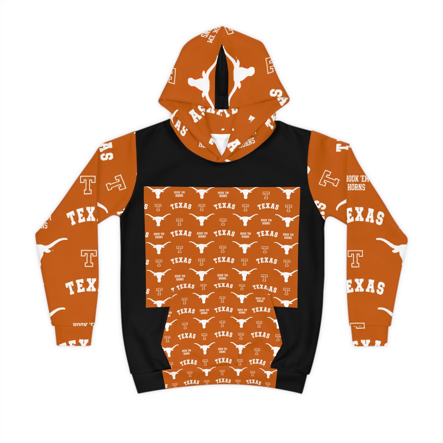 Texas Longhorns Children's Hoodie - Orange All-Over Print with 'TEXAS' & Longhorn Logo