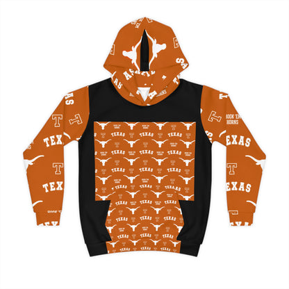 Texas Longhorns Children's Hoodie - Orange All-Over Print with 'TEXAS' & Longhorn Logo