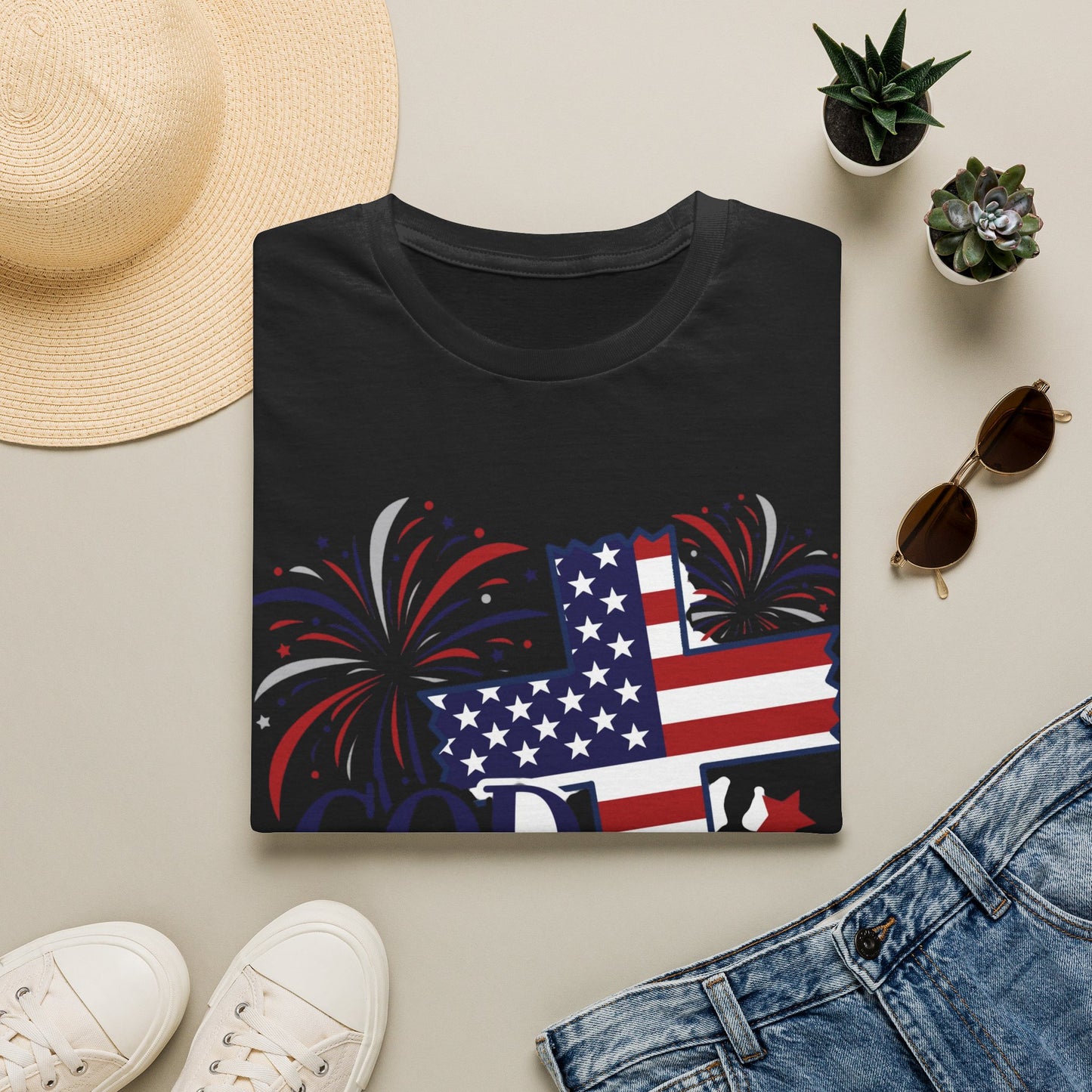 God Bless America T-Shirt — Patriotic Flag Cross with Fireworks