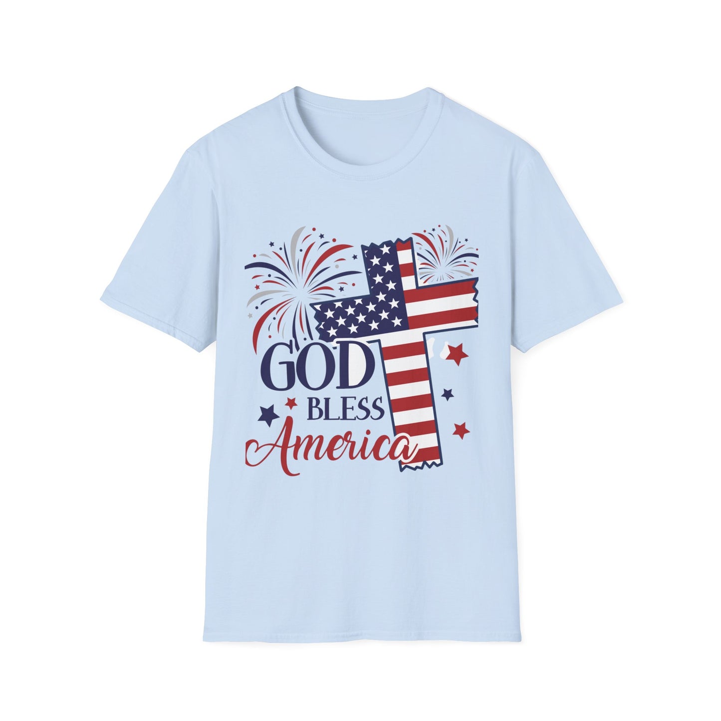 God Bless America T-Shirt — Patriotic Flag Cross with Fireworks