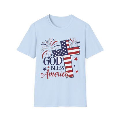 God Bless America T-Shirt — Patriotic Flag Cross with Fireworks