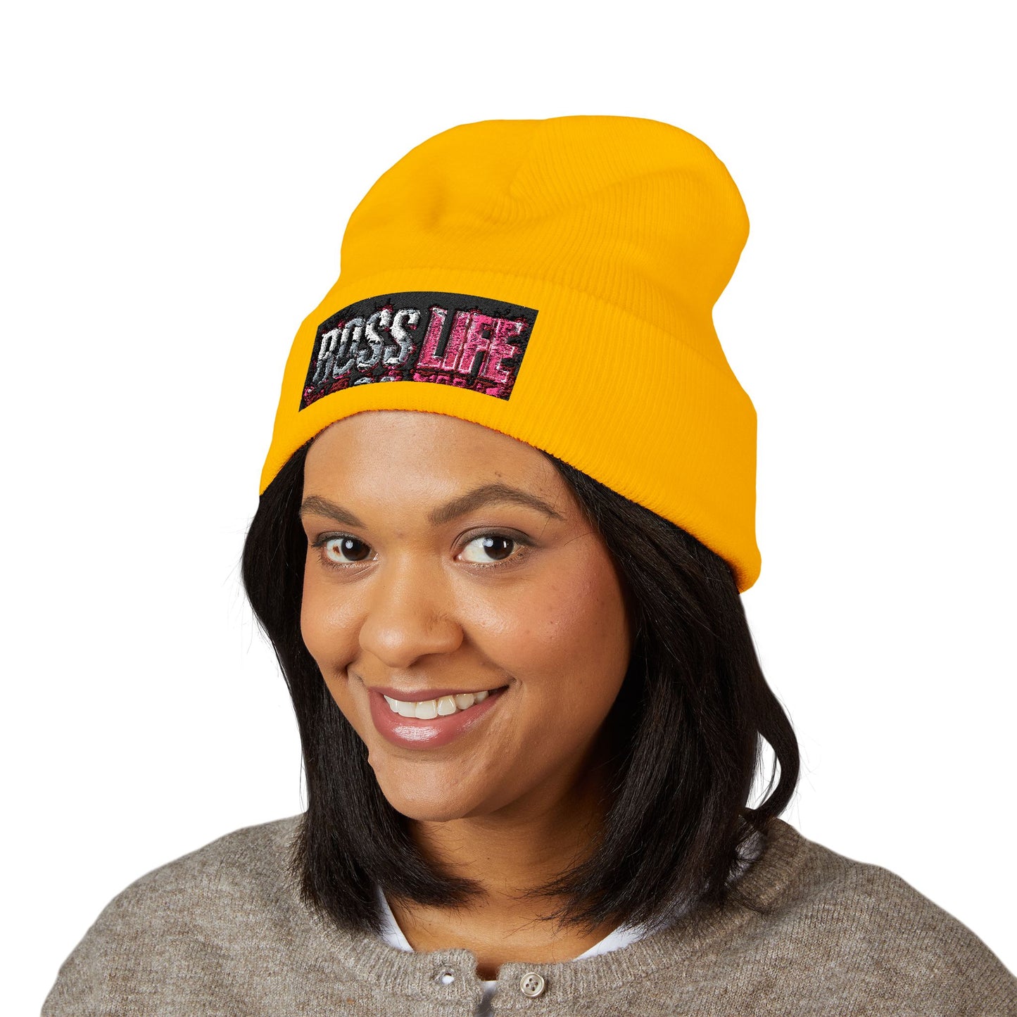 Boss Life Embroidered Cuffed Beanie — Streetwear Knit Hat for Confident Style