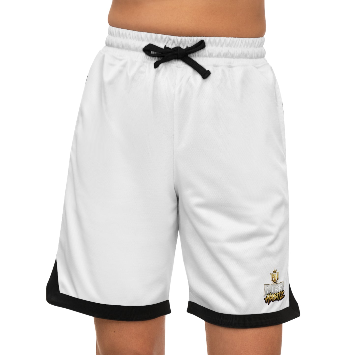 Basketball Rib Shorts — White Athletic Game Shorts with Black Trim