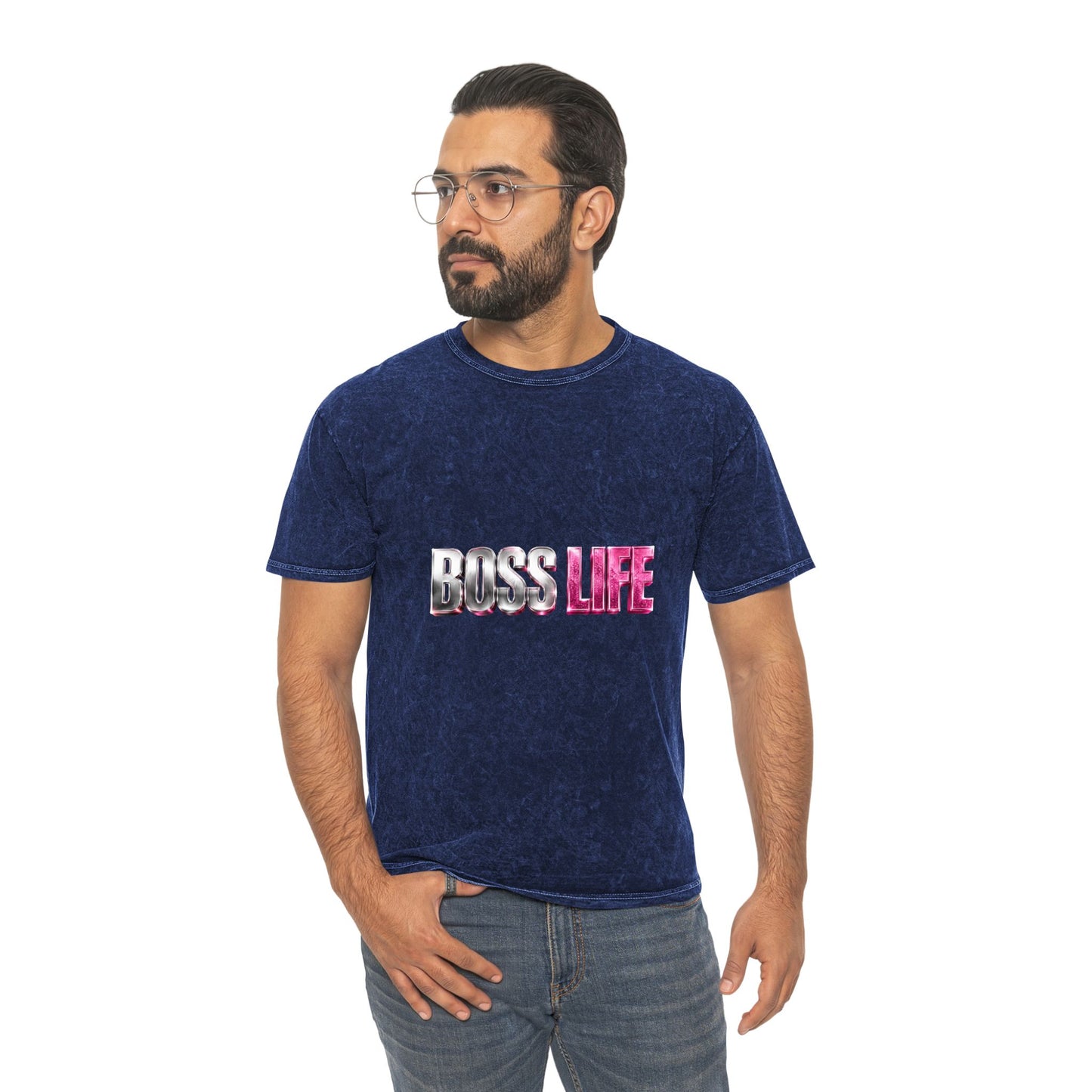 Boss Life Mineral-Wash Tee — Retro Pink & Chrome Graphic