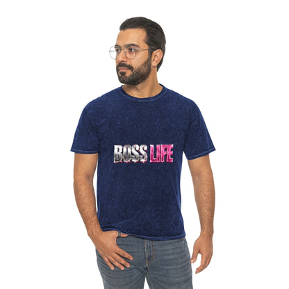 Boss Life Mineral-Wash Tee — Retro Pink & Chrome Graphic