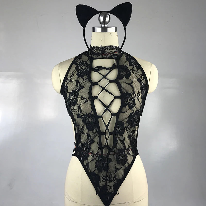 2025 Sexy  Hot Black Lace Teddy Lingerie Cat Uniform Sexy Costumes