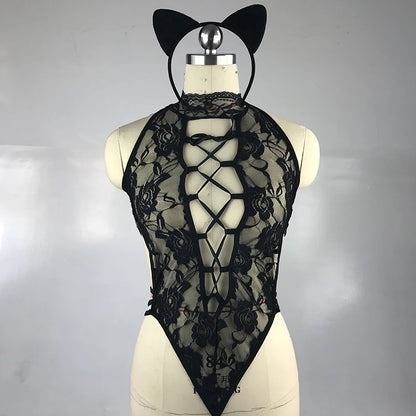 2025 Sexy  Hot Black Lace Teddy Lingerie Cat Uniform Sexy Costumes