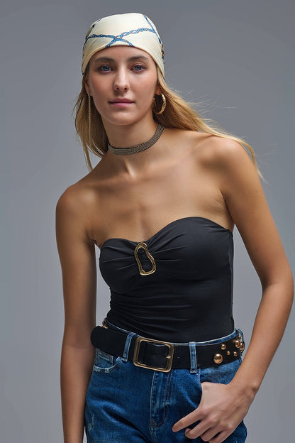 Strapless Bodysuit in Black With Gold Metal Detail