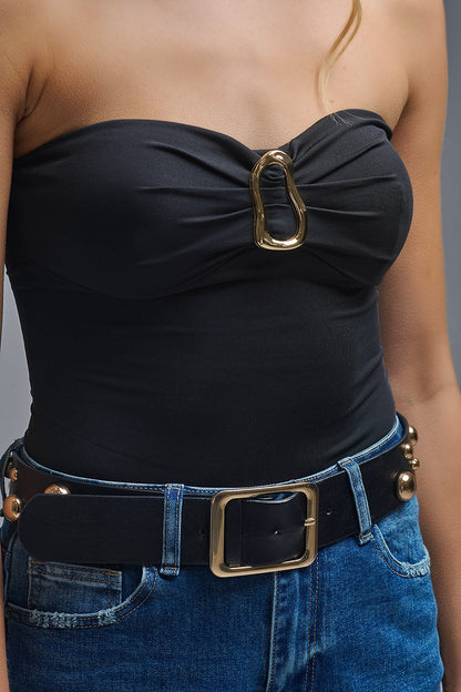 Strapless Bodysuit in Black With Gold Metal Detail