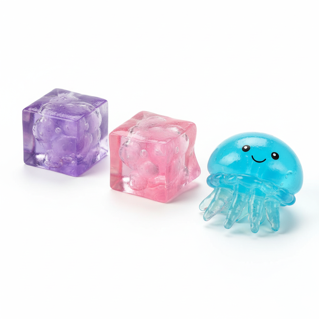 Purple and pink cube NeeDoh squishies and blue jellyfish squishy stress relief toys | Boss Habitz